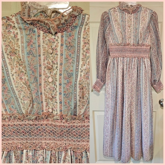 Vtg Cottagecore Peasent Maxi Dress Ballon Sleeves Mock Neck Ruffle Ditsy Floral - Picture 1 of 12